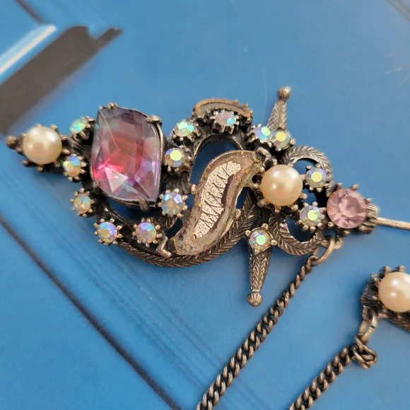 Florenza Hat Pin Stick Pin ~ Vintage ~ Victorian Revival ~ Rhinestones ~ Flaws - Picture 13 of 16